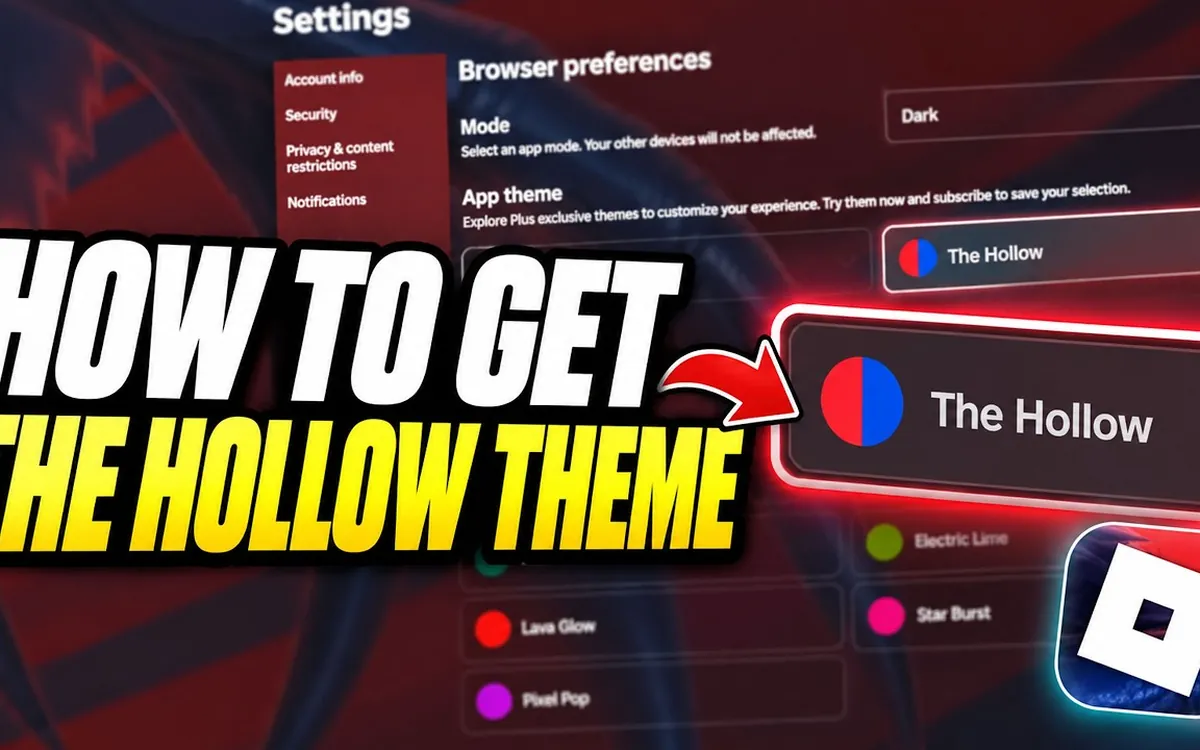 Video thumbnail showing the Roblox theme settings with The Hollow card.