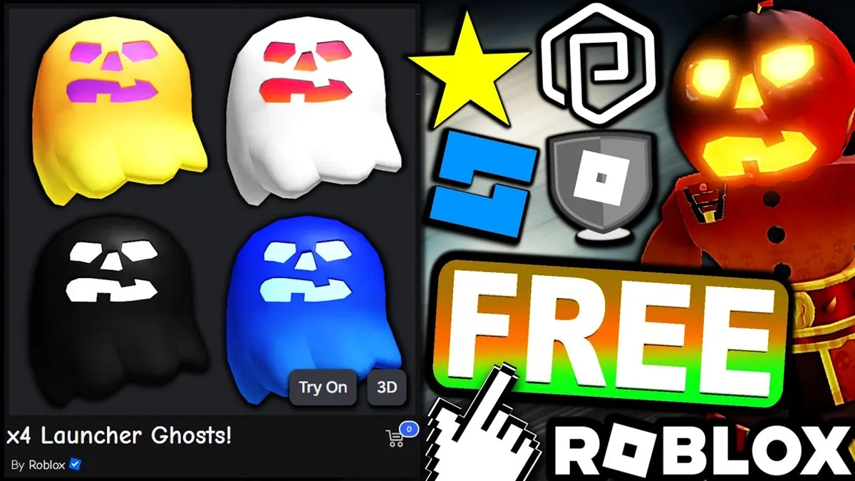 Video thumbnail showing four colored ghost shoulder pets from The Hollow beside Roblox launcher icons and the text Free Roblox.
