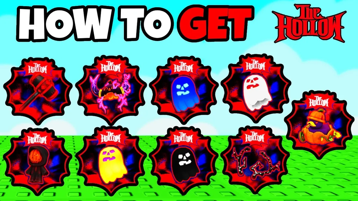 Video thumbnail showing nine red The Hollow badges with reward icons including a hammer, ghost, and pumpkin.