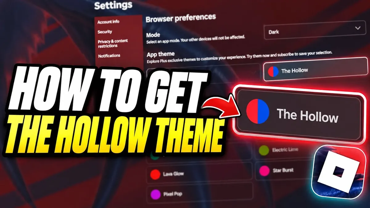 Video thumbnail showing the Roblox settings screen with The Hollow theme card selected.